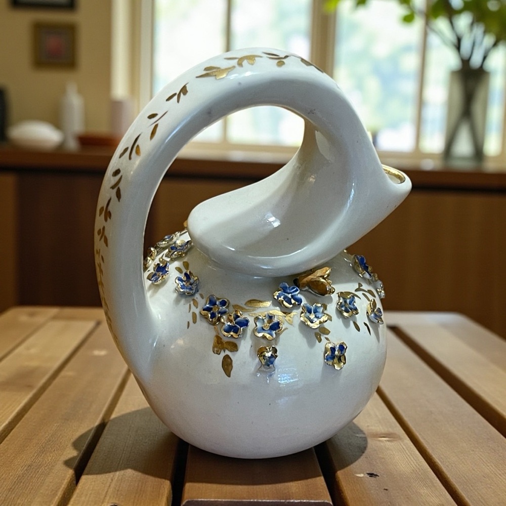 Elegant Cream and Gold Floral Pitcher with Gold Accents